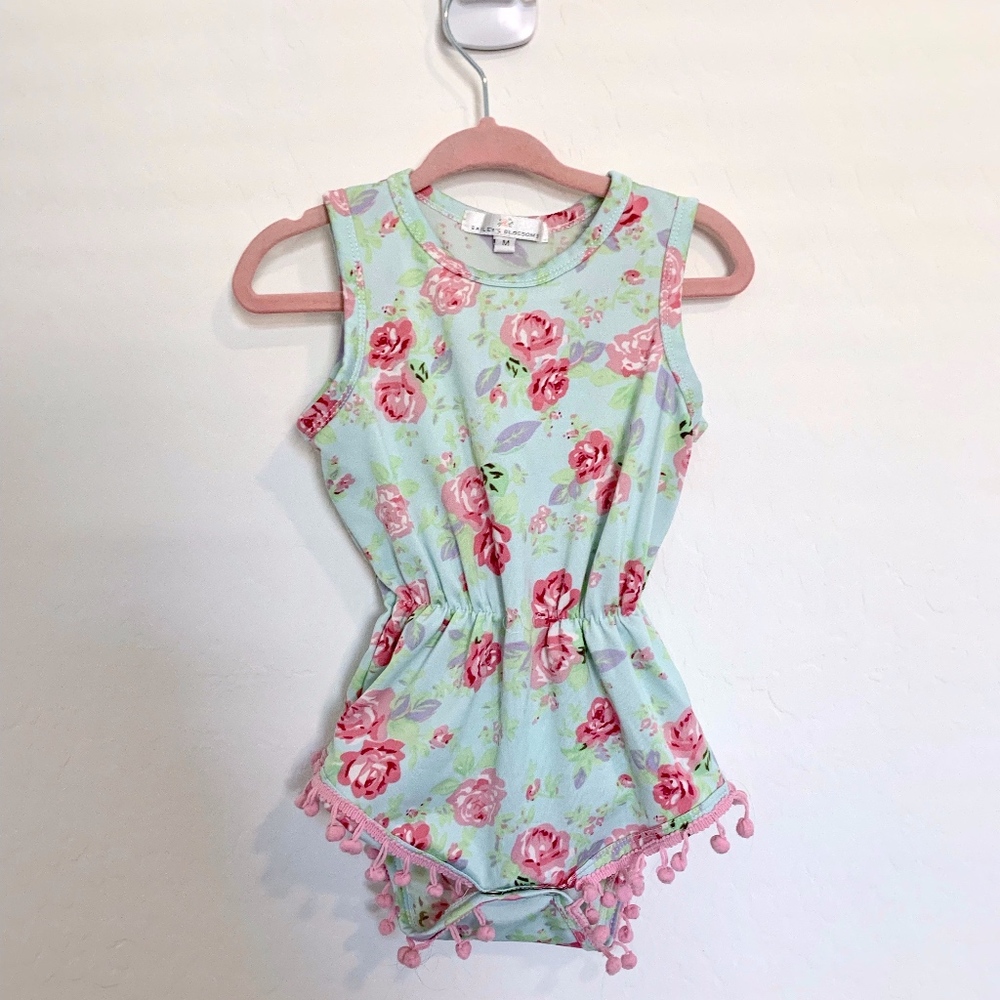 Bailey's Blossoms Teal Pink Floral Pom Pom Romper